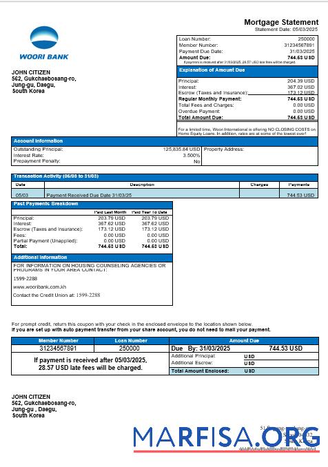 Downloadable South Korea Woori bank mortgage statement in Word and PDF formats template